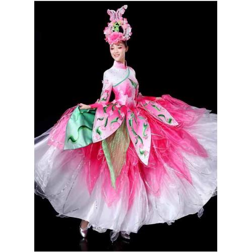 Pink yellow flowers petals flamenco dance dresses for women girls chinese folk opening choir  fairy ballroom dance long skirts for female